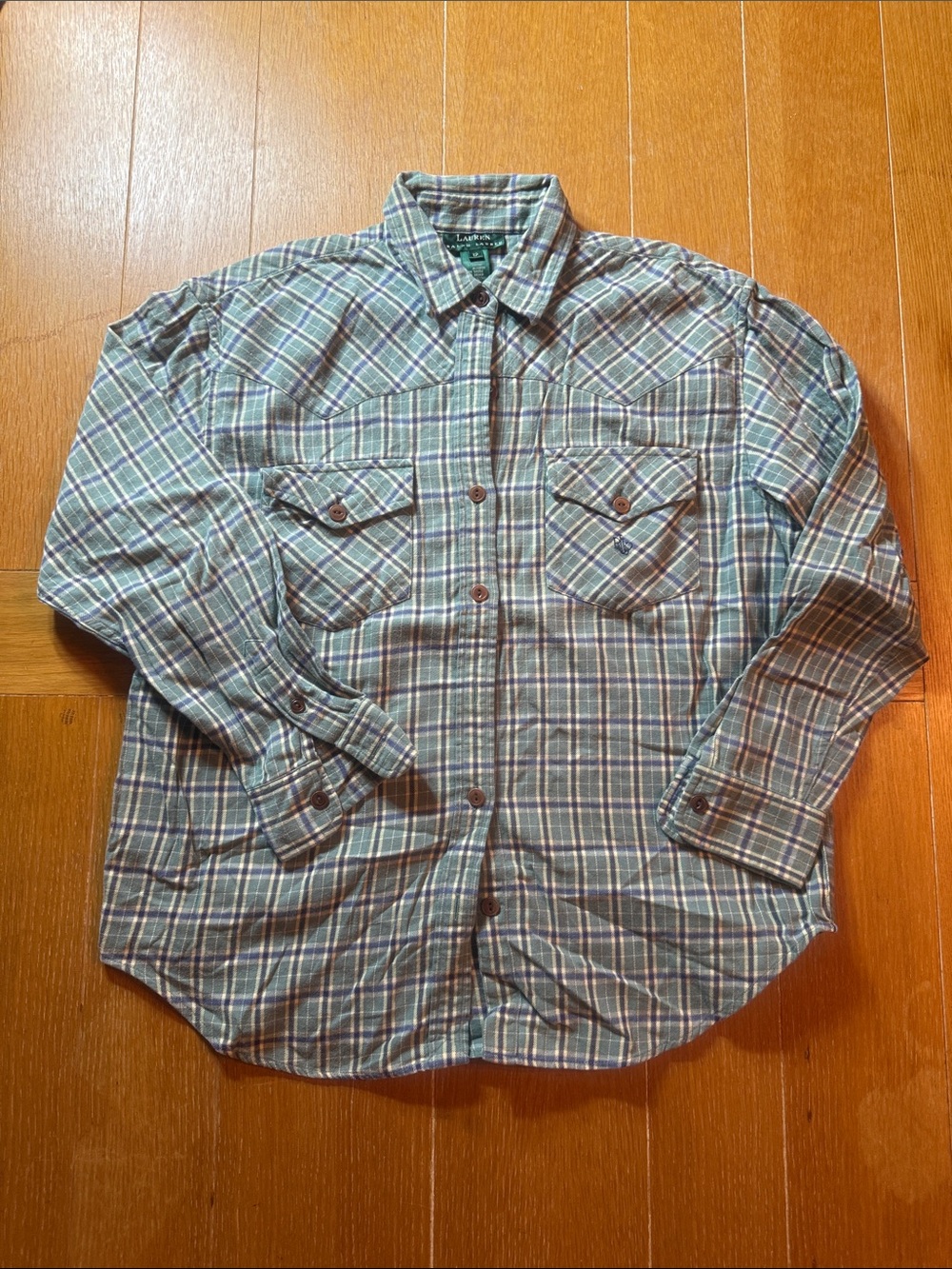 Ladies Ralph Lauren Teal and Navy Plaid Flannel Shirt size 12